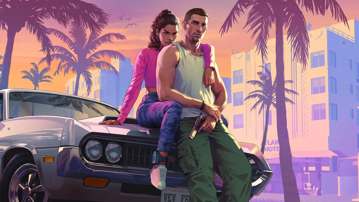 Jason e Lucia em frente a um carro na arte horizontal oficial de GTA VI.